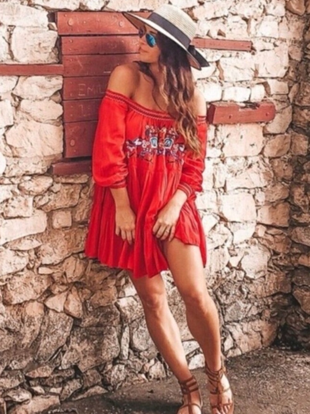 ❤️ Free People Red Sunbeams Embroidered Off Shoulder Mini Dress